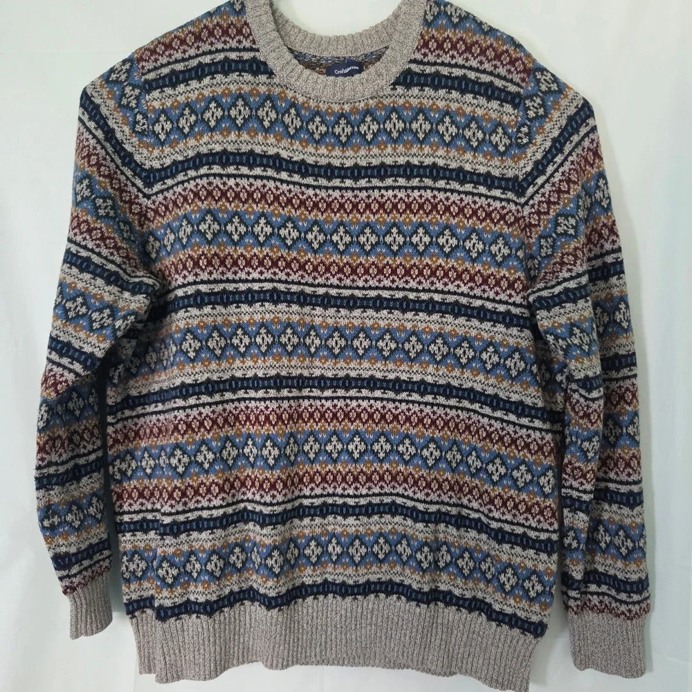 Croft & Barrow Men XXL Gray Blue Fair Isle Cotton Knit Crewneck Sweater Pullover